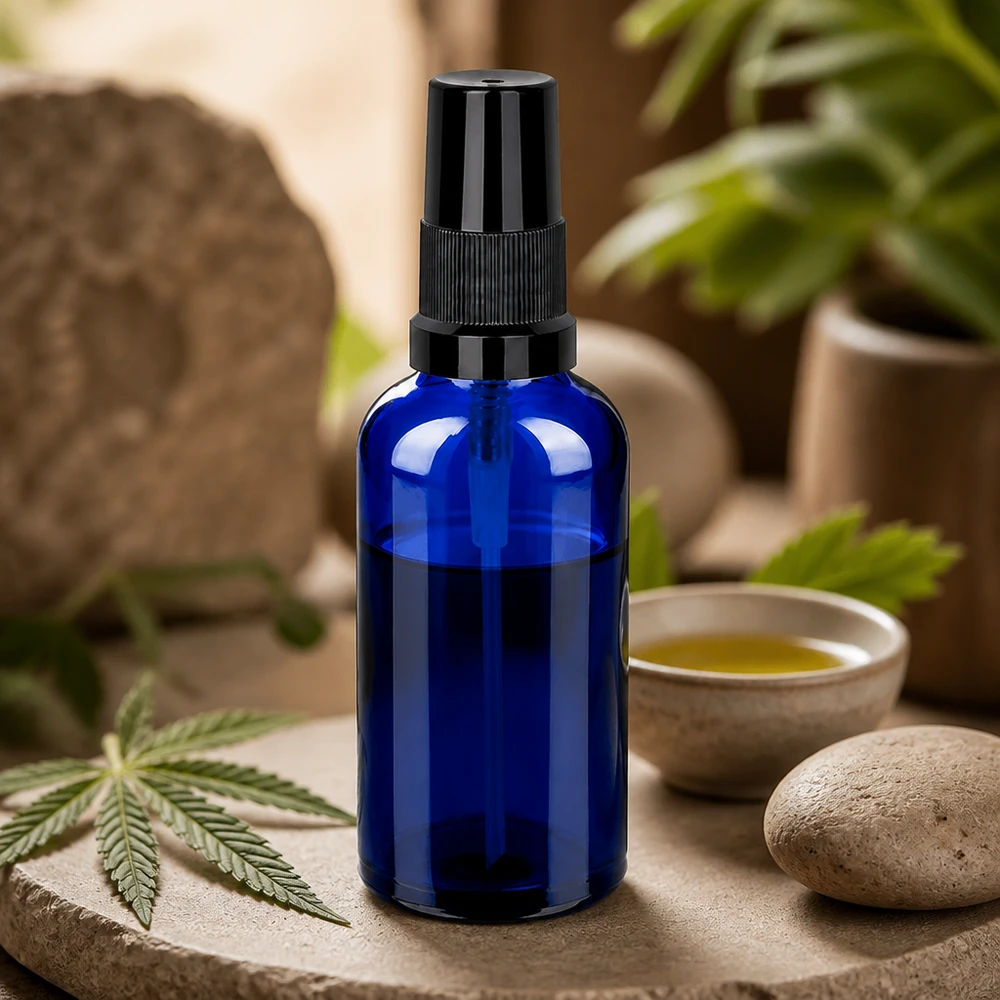 Premium glazen fles 50ml met sprayfunctie in helderblauwe kleur voor aromamengsels