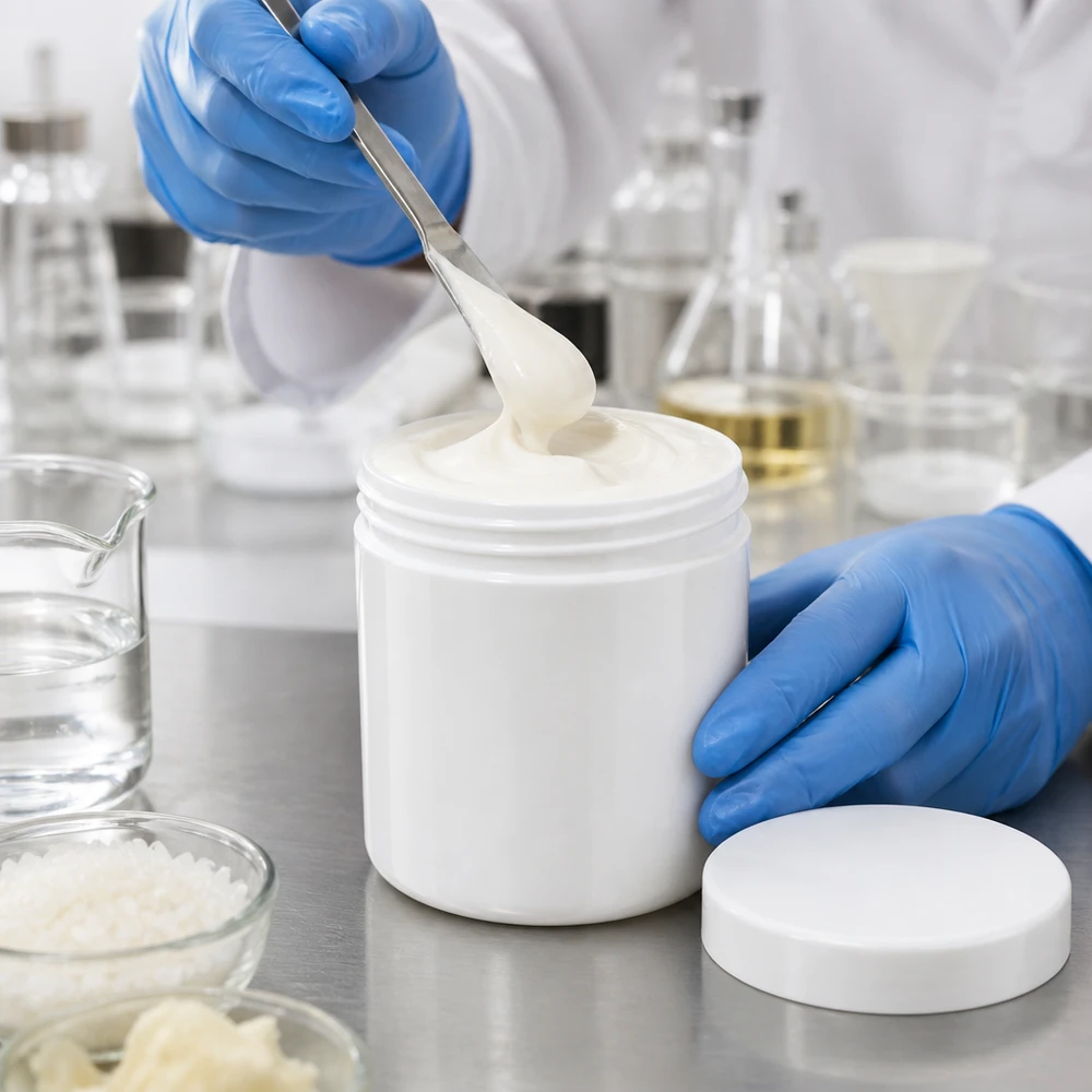 Farmaceutische afvulling van huidcrème in een PP-potje van 10 g met een wit deksel