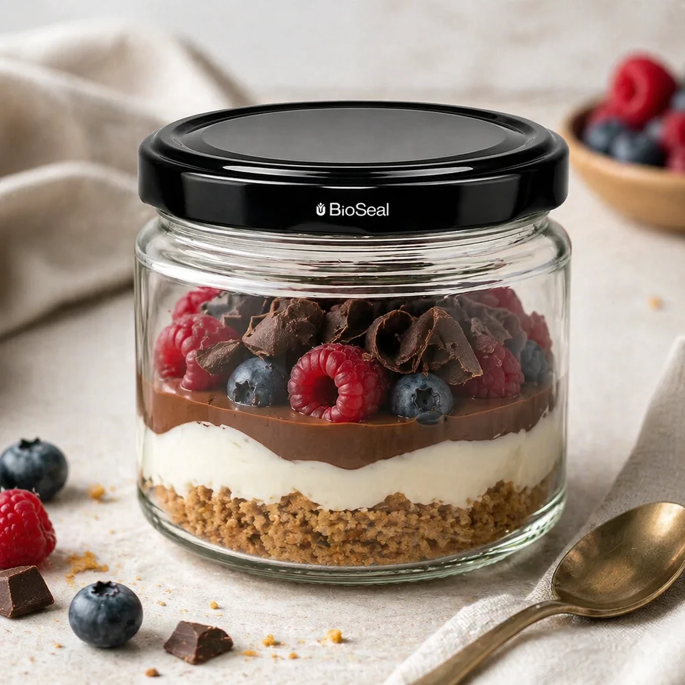 330ml rond glas met BioSeal deksel zwart UNiTWIST