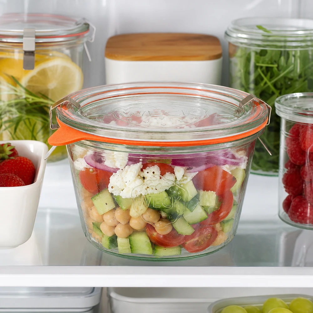 WECK 370ml RR100 tumblers gevuld met verse salade in de koelkast tonen ideale opslag van Meal Prep