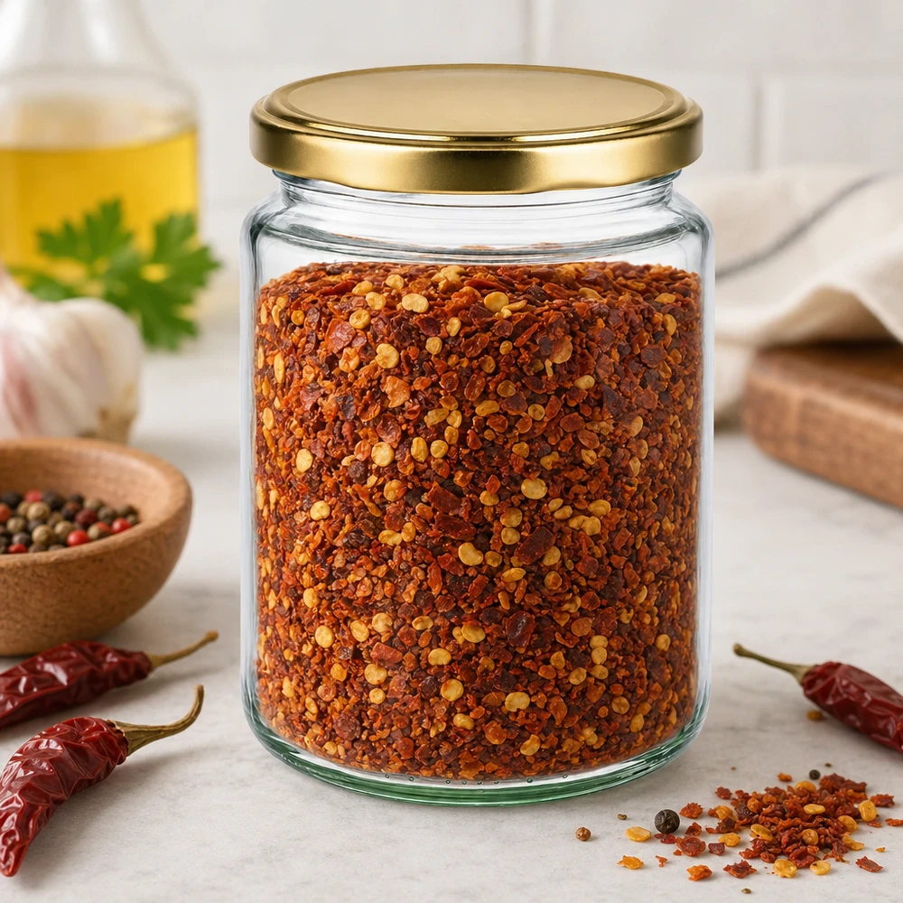 450g honingpot gevuld met chilivlokken toont veelzijdig gebruik BasicSeal pot voor kruiden en keukenopslag