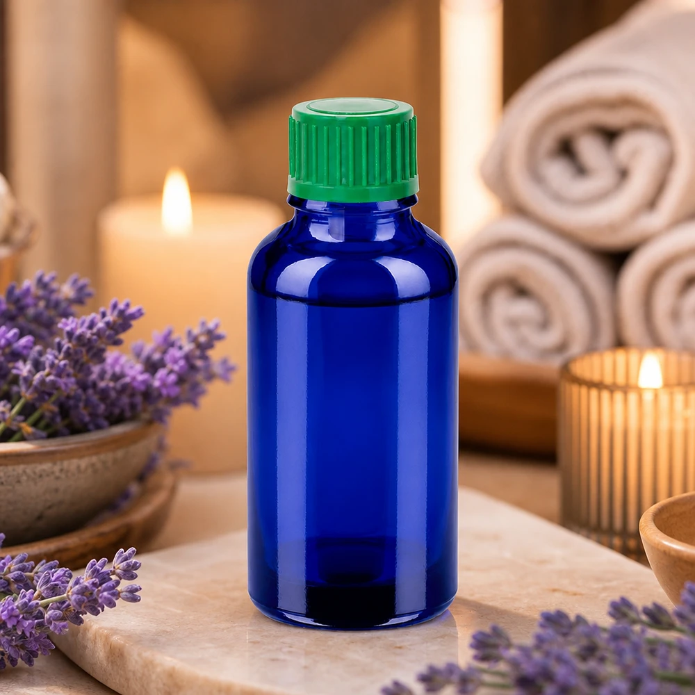 Stijlvolle blauwe glazen fles 30ml met praktisch druppelsysteem voor dagelijks gebruik