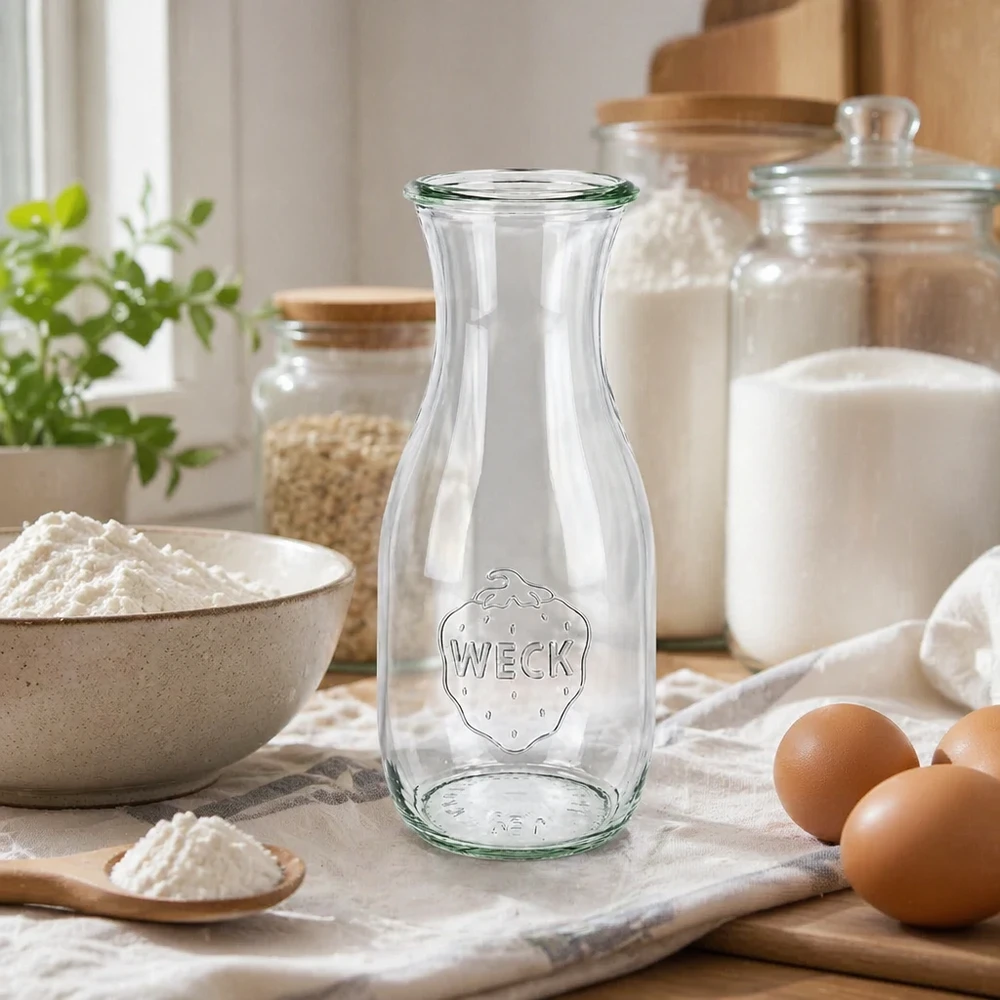 WECK RR60 sapfles van 530 ml WECK Saftflasche 530ml RR60 leer in natürlicher Küchenszene mit Eiern Mehl und Vorratsgläsern für Backen kochen
