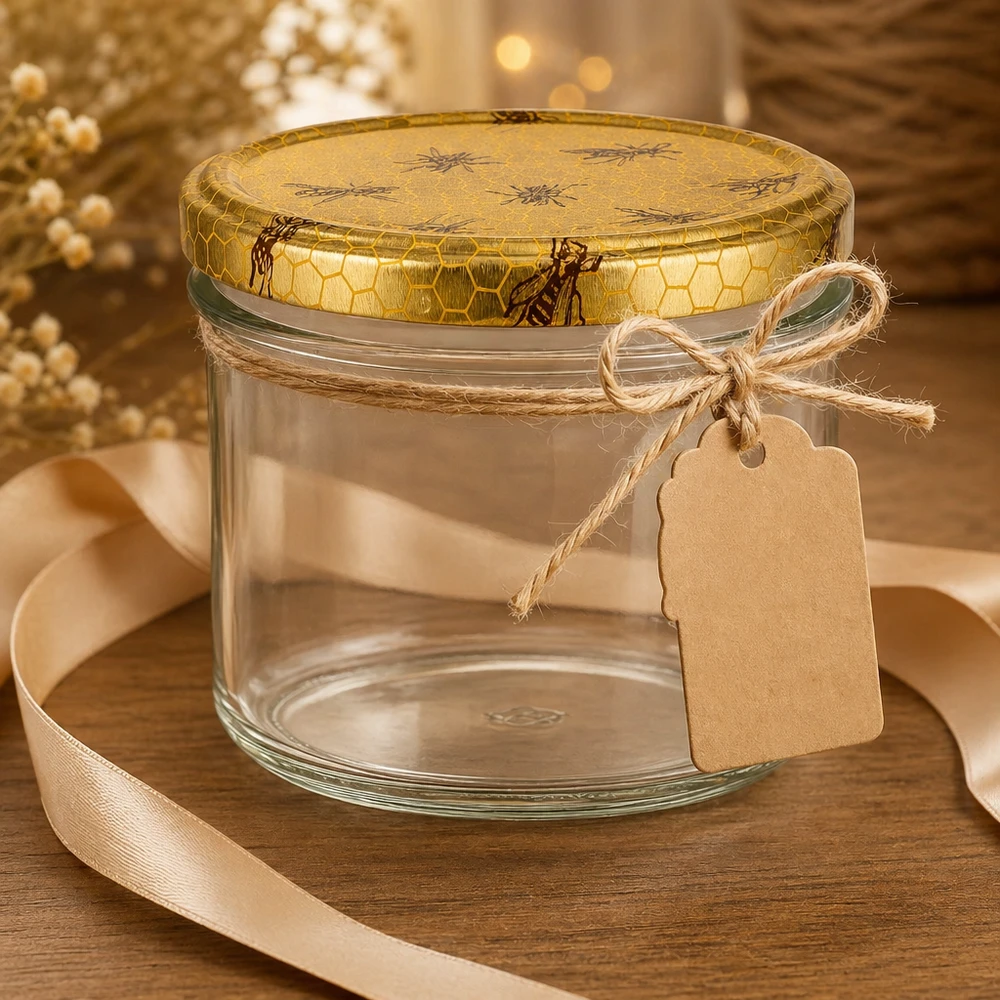 Honingpot 250 g met deksel met honingraatmotief BasicSeal UNiTWIST 250g honingpot leeg met honingraat deksel cadeaulabel jute koord en lint decoratie