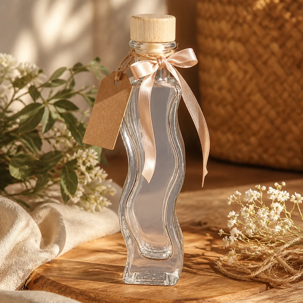 100 ml glazen fles Melissa met houten handgreepkurk UNiTWIST® 100ml Melissa glazen fles als cadeau versierd met roze strik kraftpapier label houten kurk natuurlijke decoratie