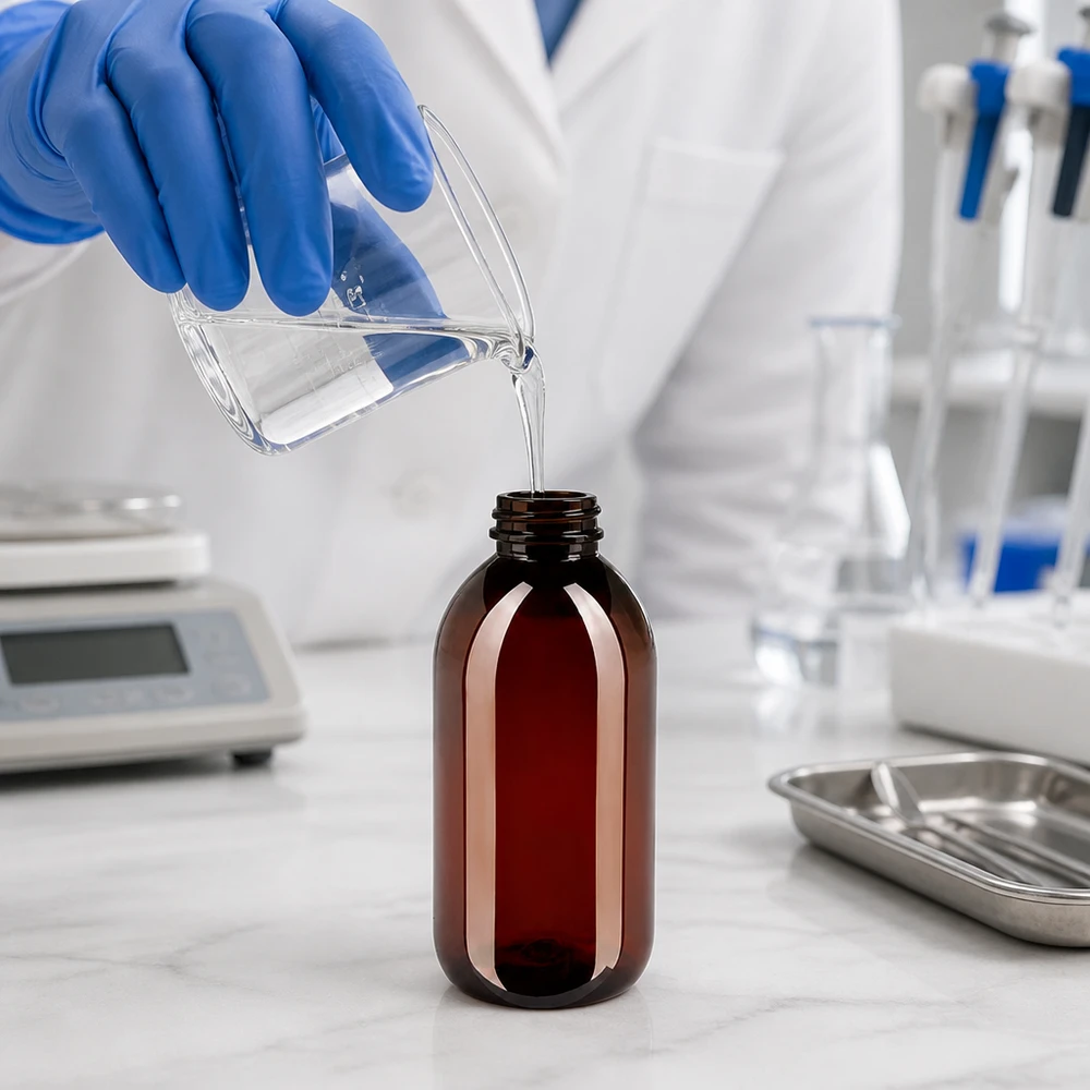 50 ml PET medicijnfles met verstuiver zwart GCMI 28/410 incl. dop transparant, standaard De hand in de handschoen giet de oplossing in een bruine PET-fles van 250 ml met smalle hals en veiligheidsdop