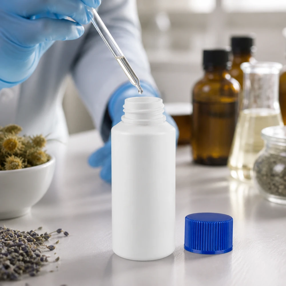 PET cilinderfles 30ml wit met schroefsluiting blauw Druppelflesje van 30 ml, wit HDPE met blauwe dop, bij het vullen met een pipet in het laboratorium
