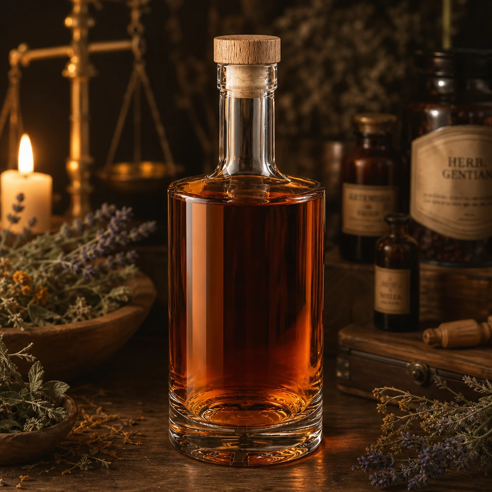 500ml glazen fles Nora met kruidenlikeur amberkleurige houten kurk UNiTWIST apothekerssfeer lavendelkaars