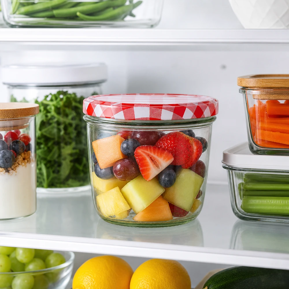 230 ml bekers met BasicSeal deksel rood en wit geblokt als bakje voor fruitsalade in de koelkast voor het bereiden van maaltijden