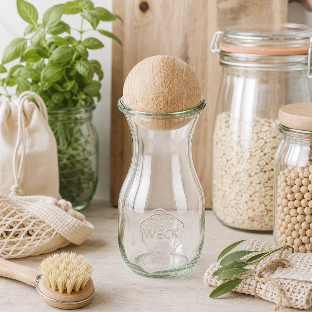 290ml sapflessen WECK RR60 met houten bal WECK sapfles 290ml RR60 met houten bal in duurzame zero-waste keuken tussen voorraadpotten en natuurlijke materialen