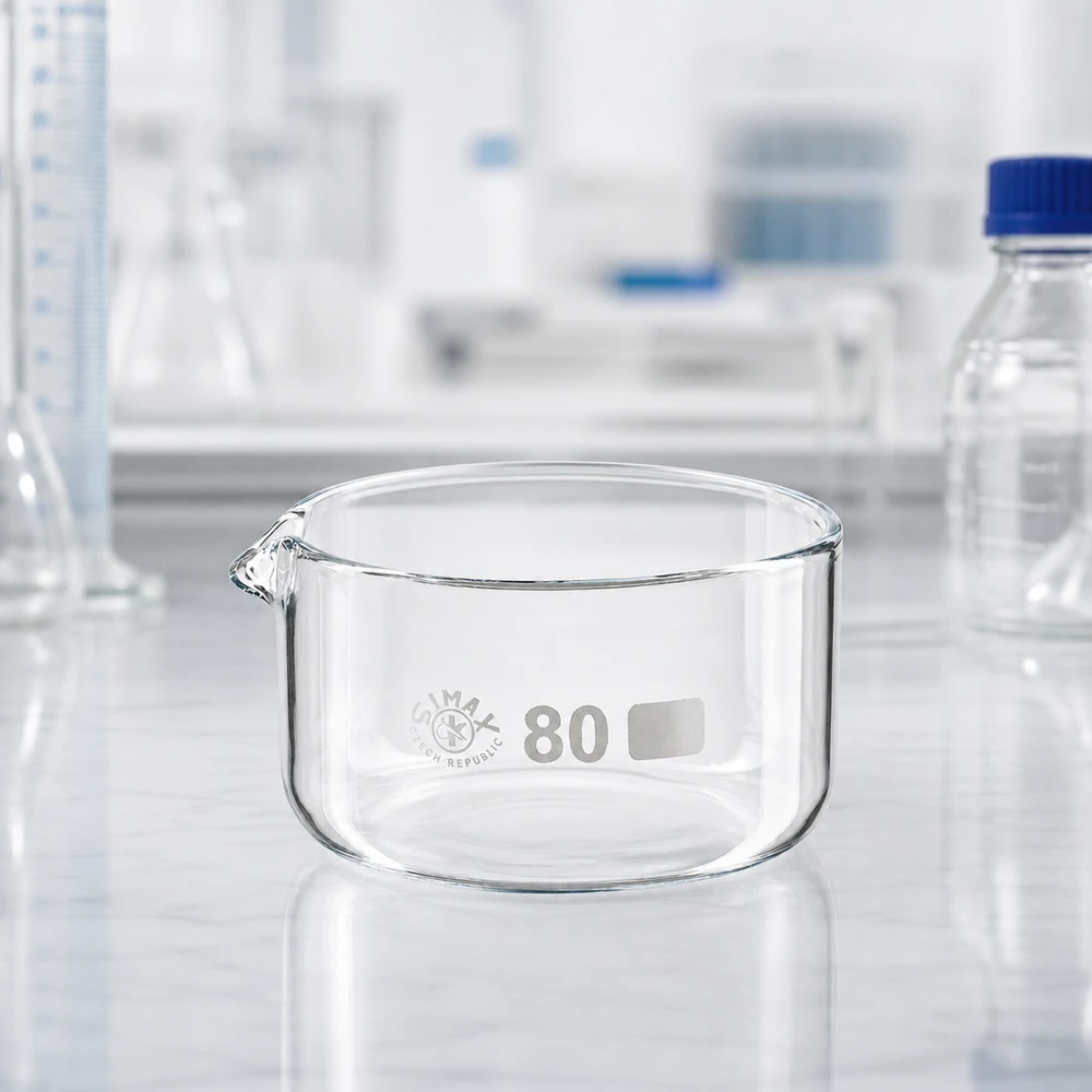 Kristalliseerschaal 150ml met schenktuit SIMAX-kristallisatieschaal 150 ml met brede rand en uitgietmond voor chemische analyses, ø 80 mm