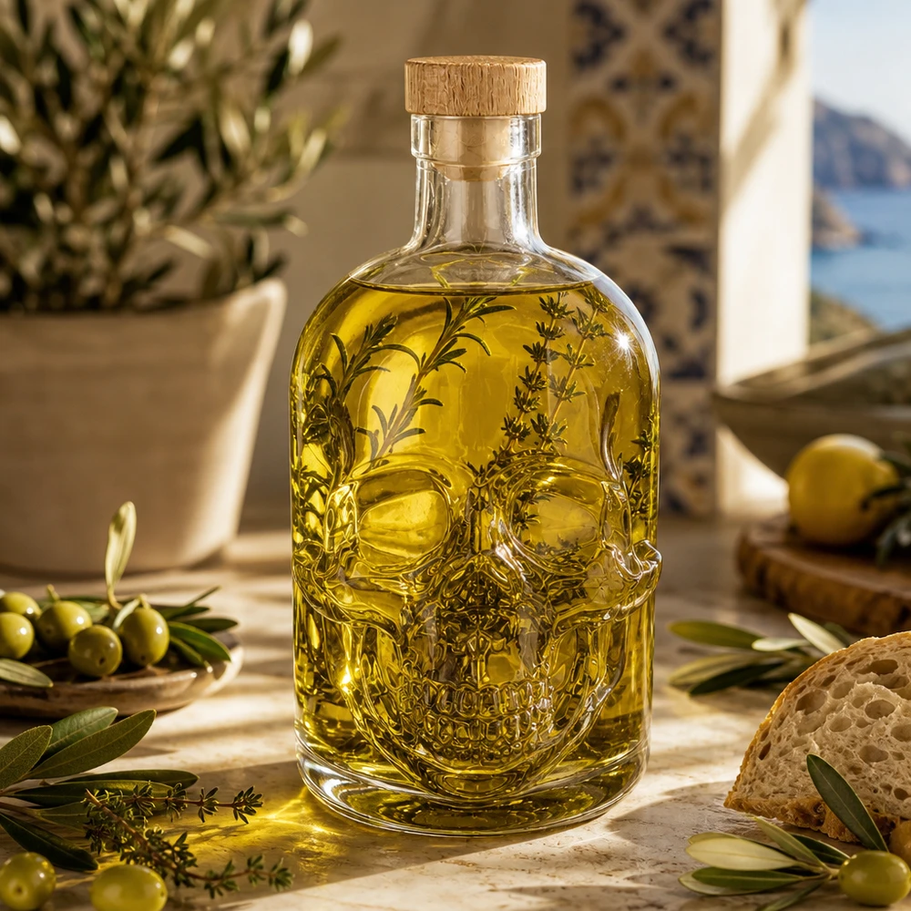 500 ml glazen fles Jack met houten kurk UNiTWIST® Glazen fles Jack 500ml gevuld met olijfolie en kruiden, mediterrane keuken decoratie met olijven en brood