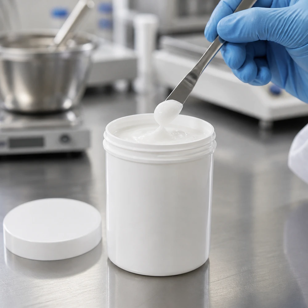 Het vullen van een wit PP-zalfpotje van 75 ml met schroefdeksel in een cleanroom