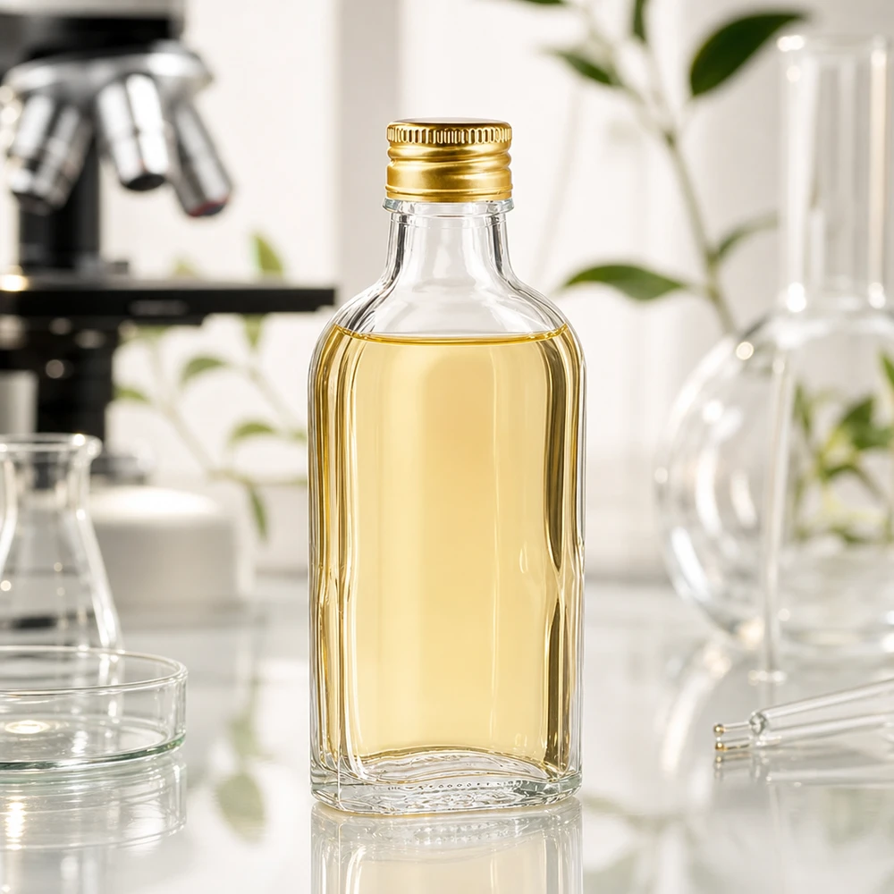100 ml Meplat helder met aluminium dop goud PP22 Fles van 100 ml van het merk Meplat, transparant, gevuld met een gelige vloeistof en voorzien van een gouden PP22-aluminiumdop