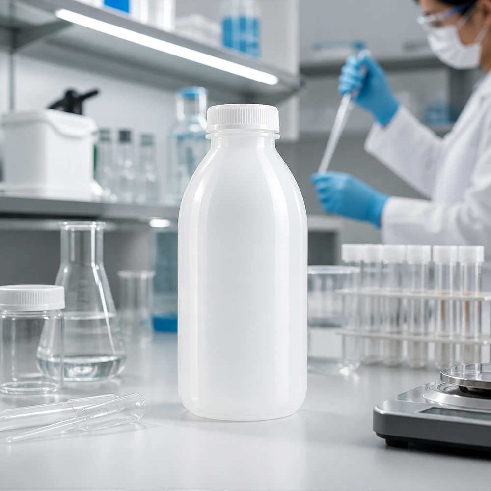 Laboratoriumfles van 500 ml met smalle hals, gemaakt van wit, ondoorzichtig HDPE, zonder dop, op een laboratoriumtafel