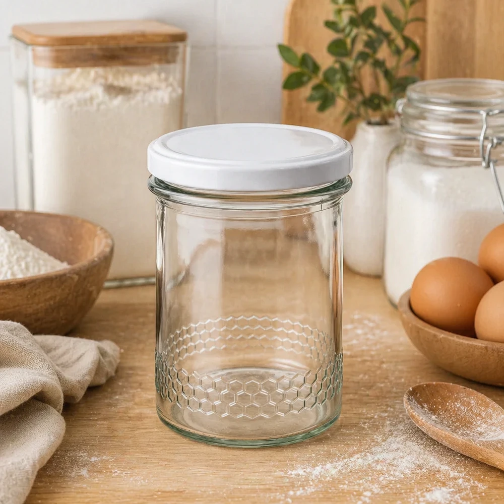 400ml honingpot met honingraatmotief in keuken naast eieren bloem en voorraadpotten natuurlijke keukenuitrusting BasicSeal