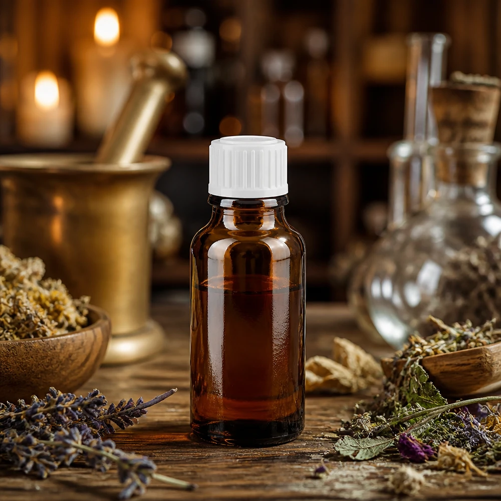 Bruine glazen fles 20ml met wit schroefsluiting St Donkere glazen flesje van 20 ml voor natuurlijke geneesmiddelen, wit SV STD, tussen lavendel en gedroogde bloemen