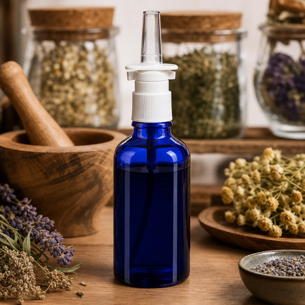 Blauwe glazen flessen 50ml met neusverstuiver Blauwe apothekersfles van 50 ml met een witte doseerpomp en een doorzichtige applicatietip