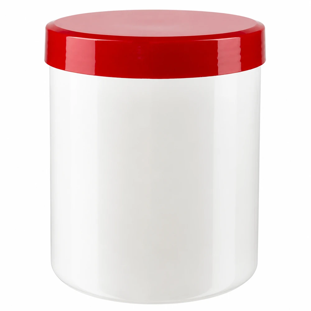 Zalfpot 75 g wit met rood schroefdeksel (PP) Hersluitbare zalfpot 75 g, PP, wit, met rode schroefdop