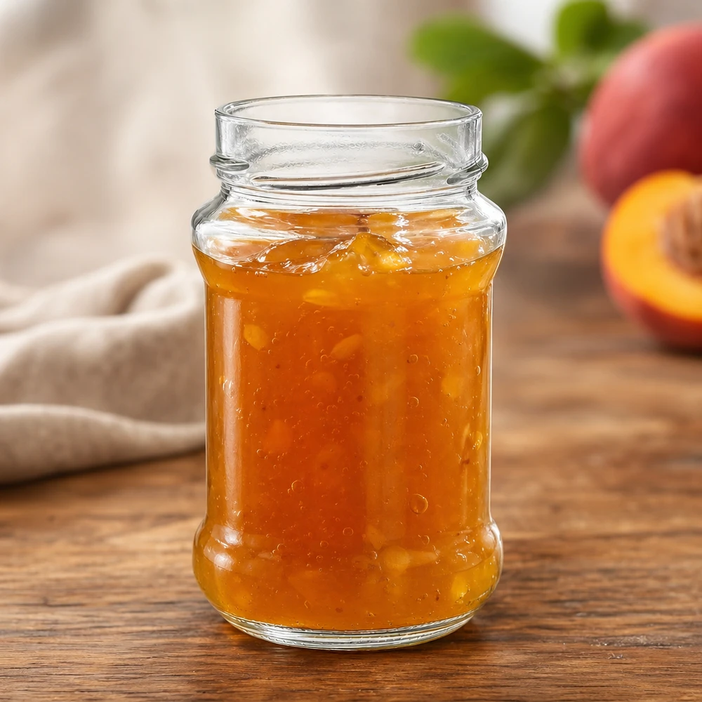 UNiTWIST Runda390 rond glas 390ml TO66deep met perzikjam op houten tafel naast verse perziken