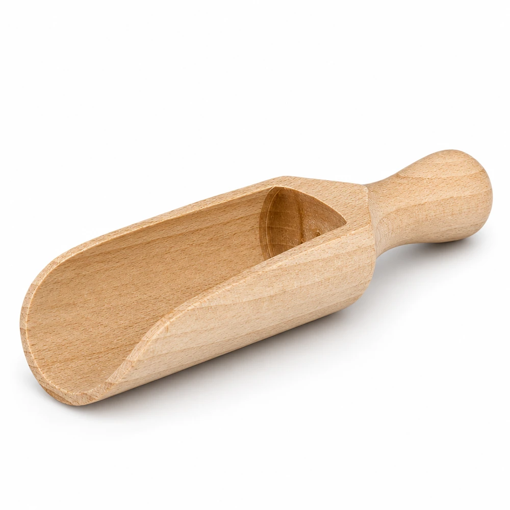 Houten schep M 14cm enkelvoudig aanzicht met zichtbare houtnerf en ergonomisch handvat voor optimale grip