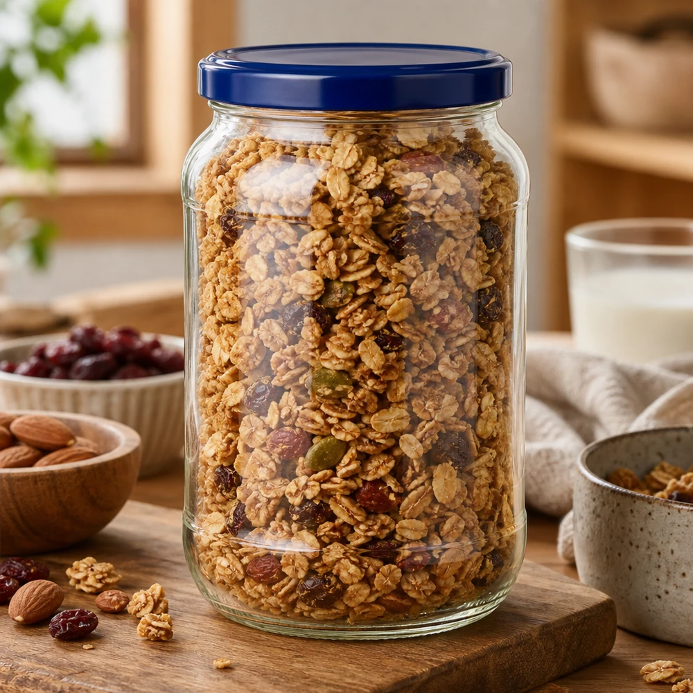 1062ml ronde pot UNiTWIST blauw deksel met muesli noten gedroogd fruit voorraadpot keuken houten plank