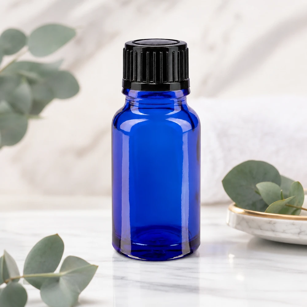 Blauwe glazen flessen 10ml met zwart 1mm druppelstop St Apothekersglasflesje van 10 ml met een smalle inzet van 1 mm voor een nauwkeurige dosering per druppel