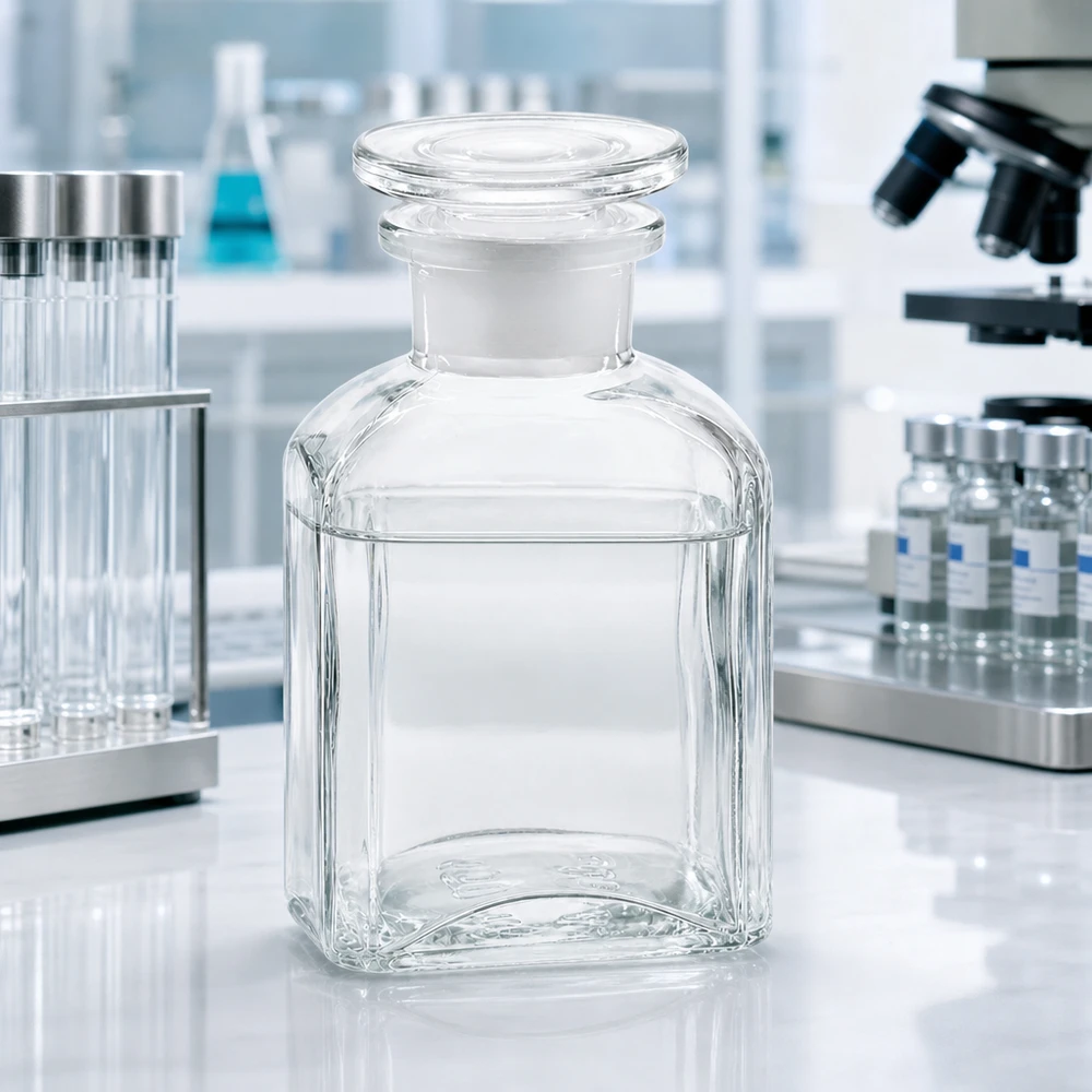 Apothekersfles van 150 ml, helder, vierkant, met een brede hals en een ronde glazen stop die goed in de hand ligt
