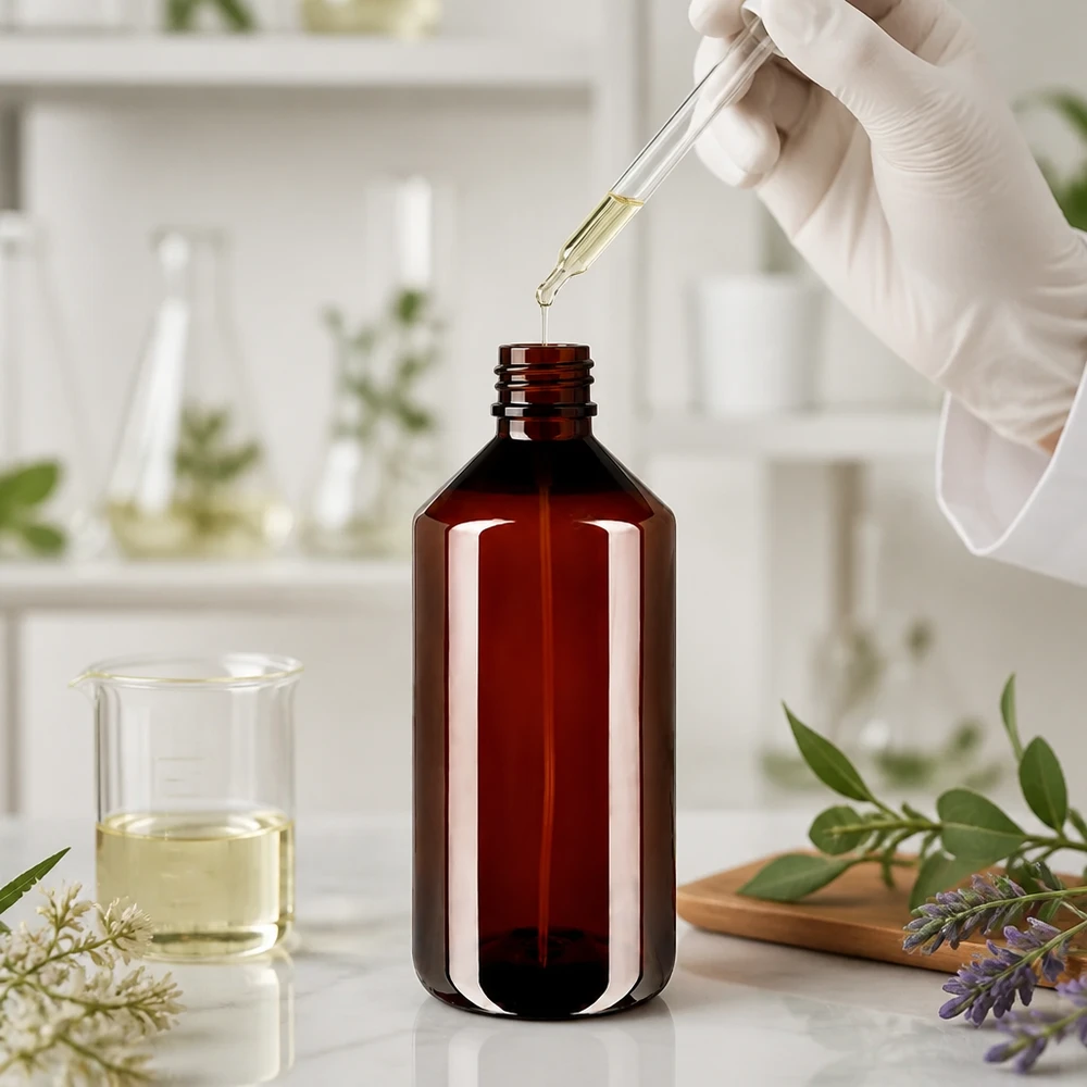 Een met een handschoen beklede hand vult een bruine fles van 1000 ml met een natuurlijke stof met behulp van een glazen pipet