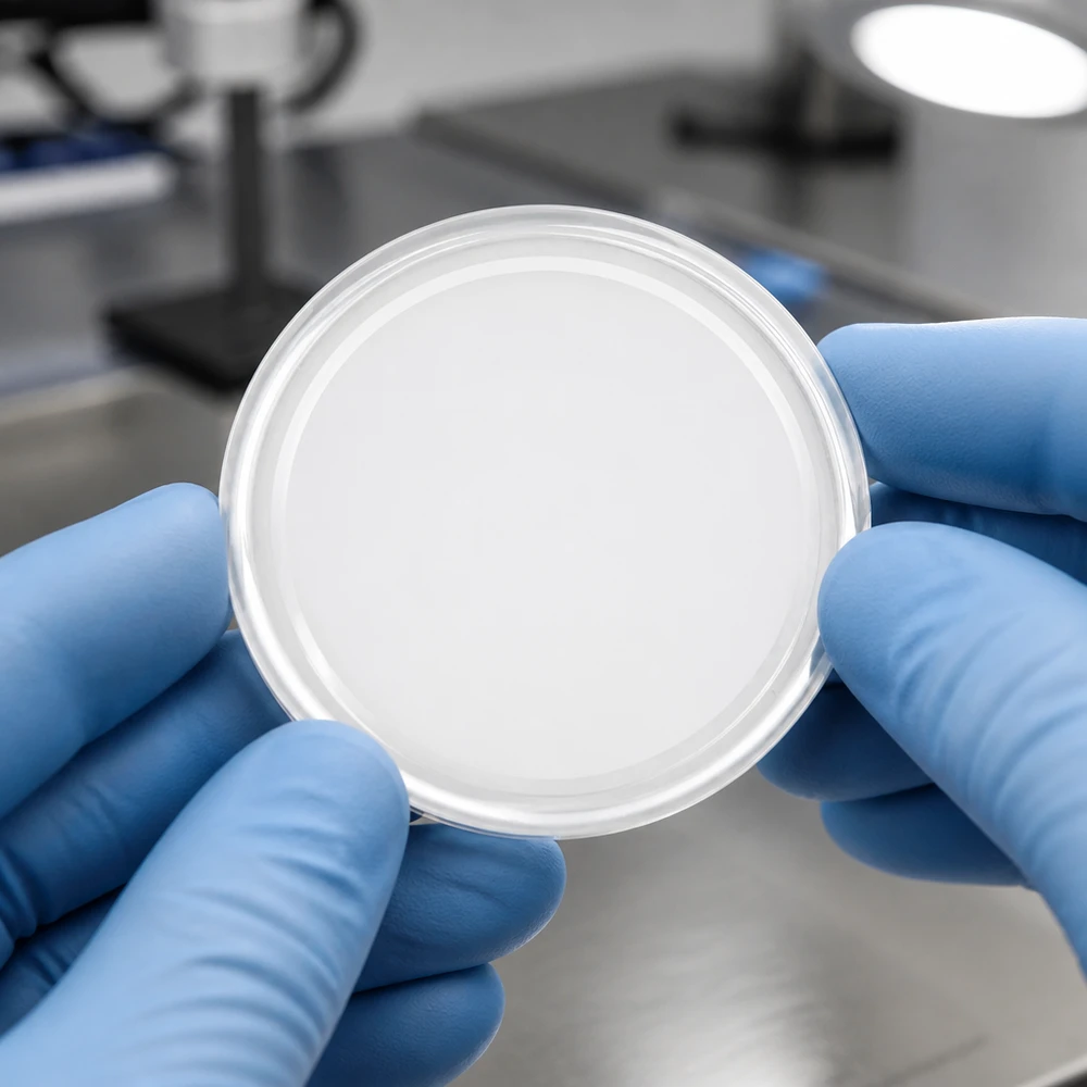 Ronde, witte TO58 BasicSeal UniTwist-deksel van 58 mm, gezien van onderaf, in een laboratoriumomgeving
