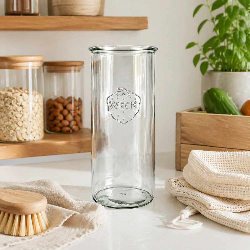 1500ml WECK RR100 mason jar in een moderne keuken met houten planken en duurzame producten