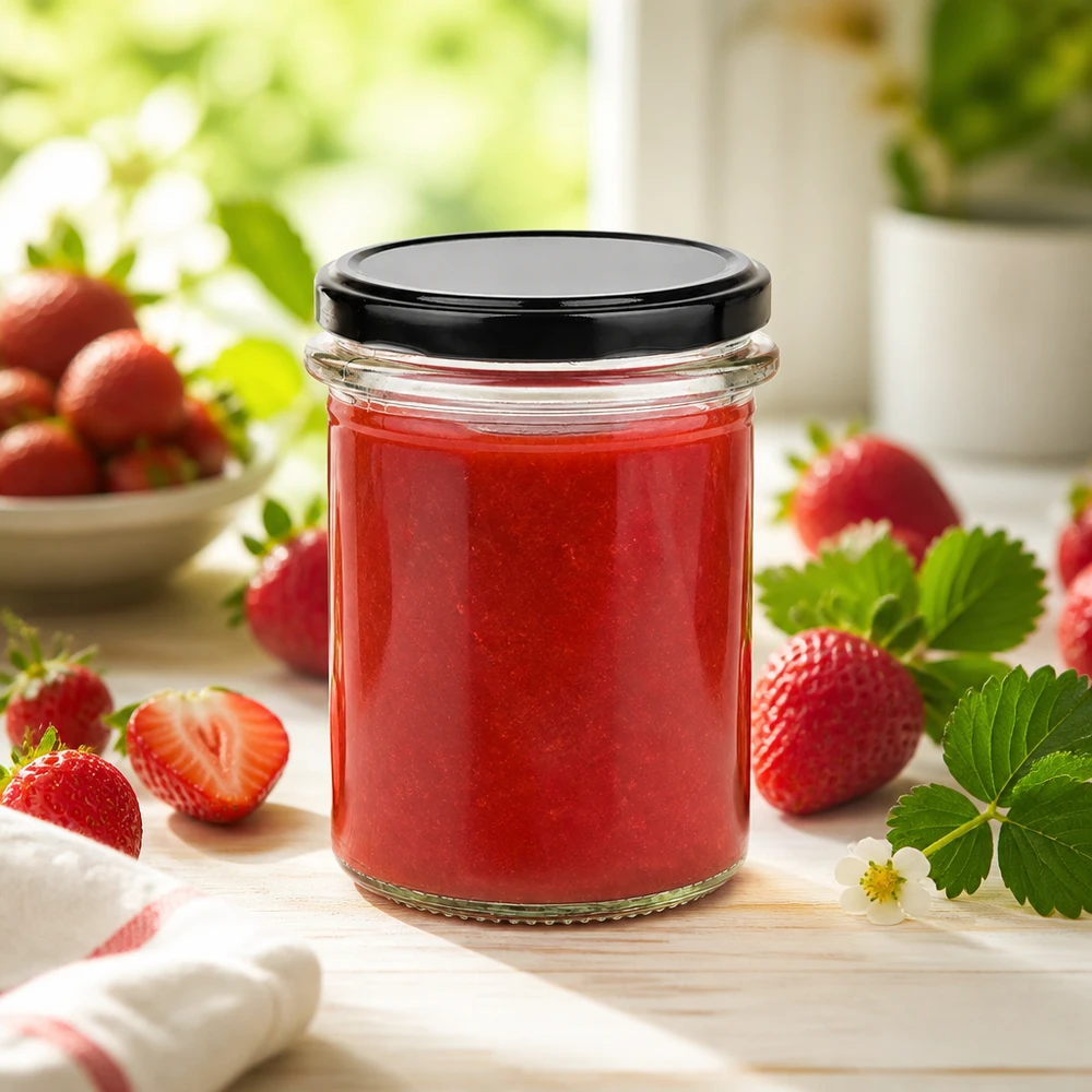 214 ml rond glas + BasicSeal-deksel, zwart, UNiTWIST Compacte inmaakpot van 214 ml van UNiTWIST met een zwarte BasicSeal-deksel, perfect voor zelfgemaakte vruchtenpasta’s