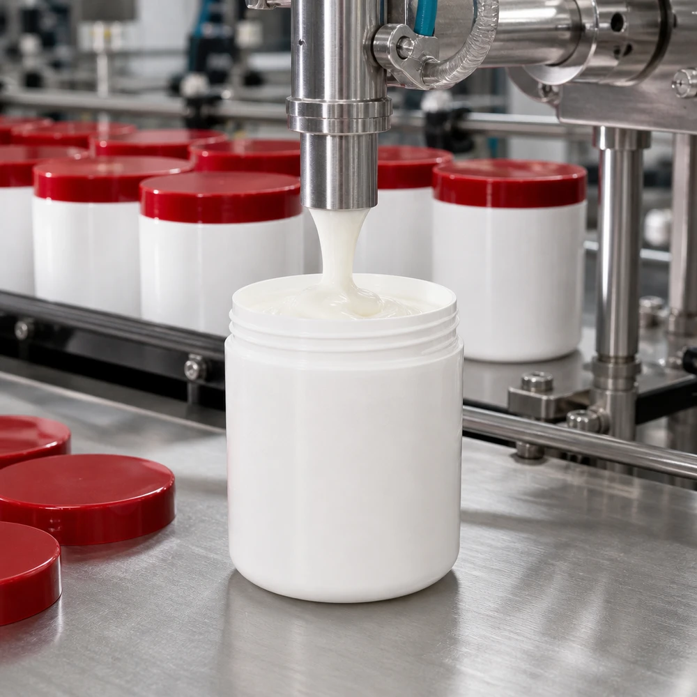 Lege witte zalfpot van 100 g met rode schroefdeksels van PP op een roestvrijstalen afvulinstallatie