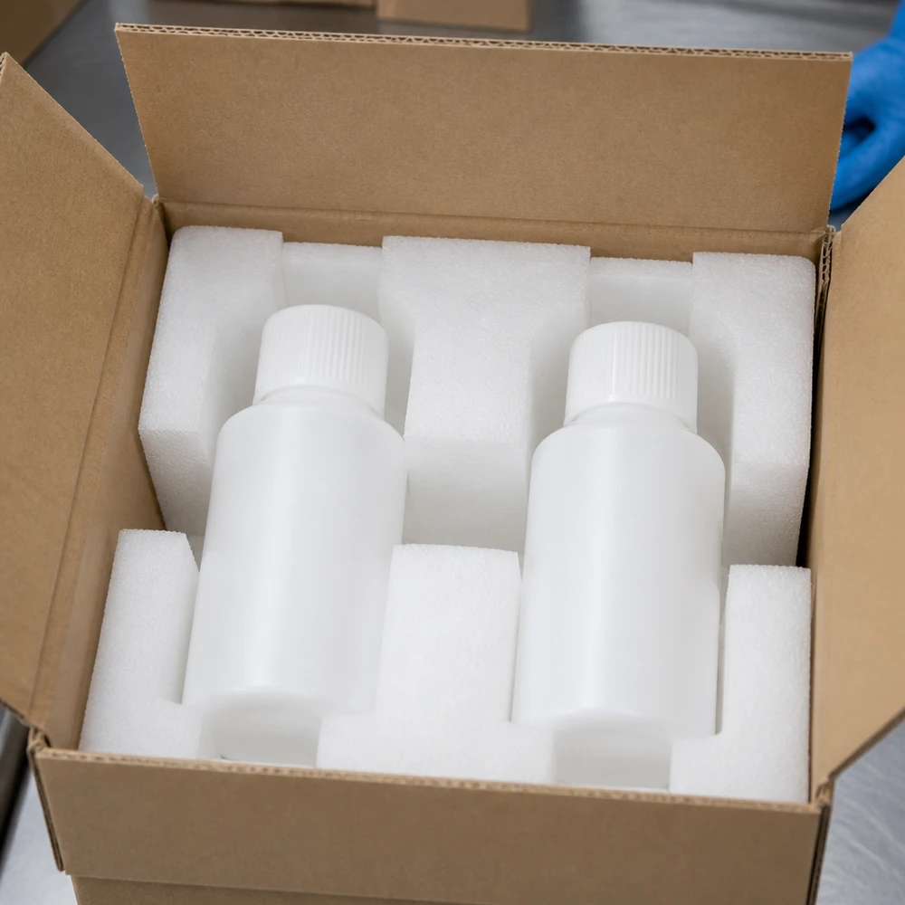 PET cilinderfles 50ml wit met schroefsluiting wit Compacte witte farmaceutische flesjes van 50 ml, gemaakt van HDPE, met veiligheidsdop, verpakt in een verzenddoos