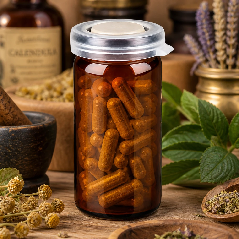 10ml tablettenglas bruin incl. klikdeksel (rolrand glas) Compact pillenglas van 10 ml, bruin, met kliksluiting, in een natuurlijke kruidenstijl