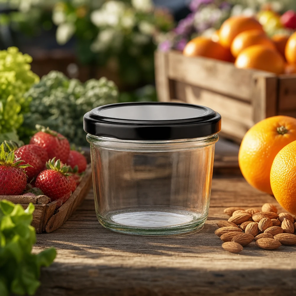 230 ml lege glazen pot met zwart deksel tussen vers fruit en noten toont natuurlijke toepassingsmogelijkheden