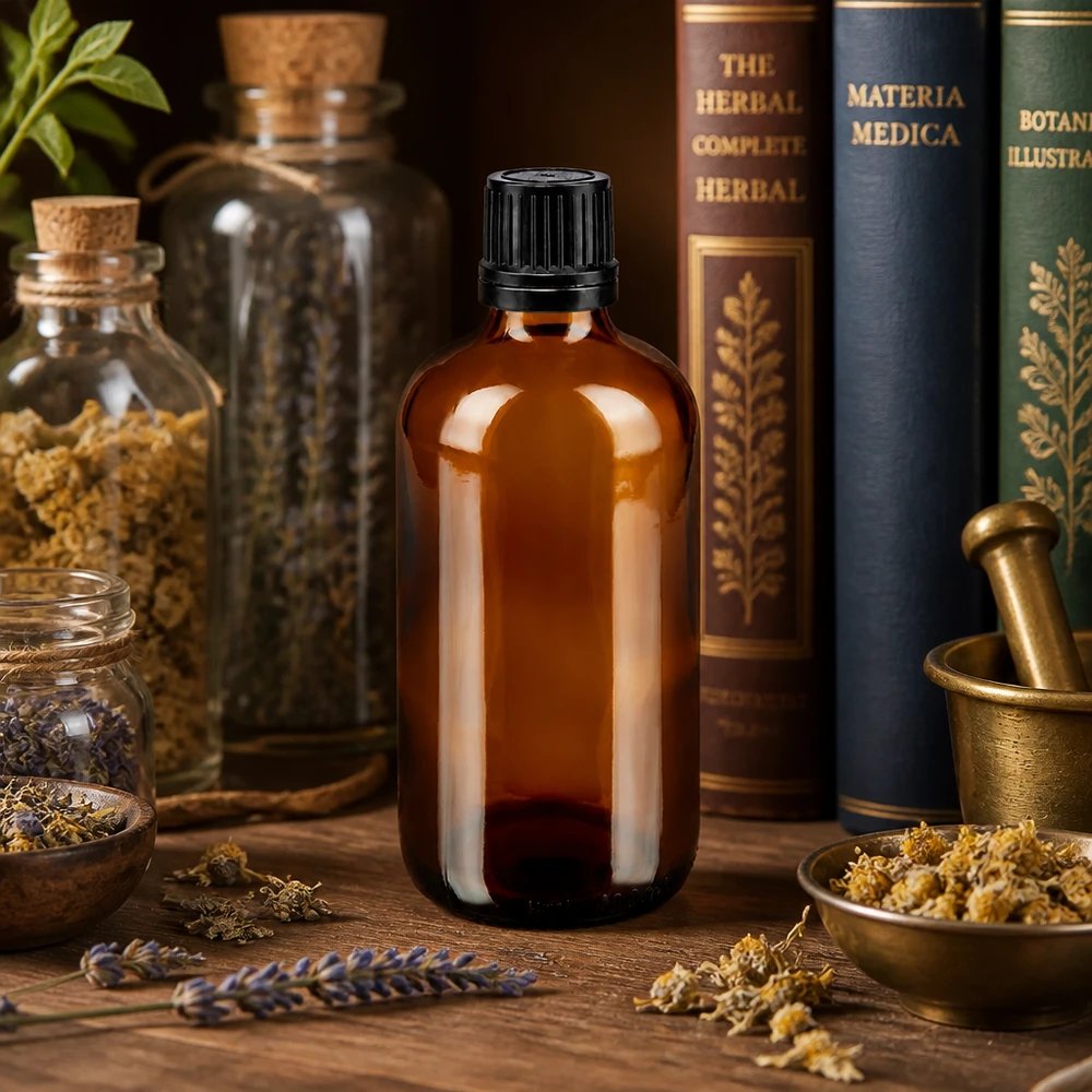 Bruine glazen fles 100ml met zwart druppelsluiting 1mm VR ApoGlas-druppelflesje van 100 ml met OV-dop, omringd door Materia Medica-boeken en kruiden