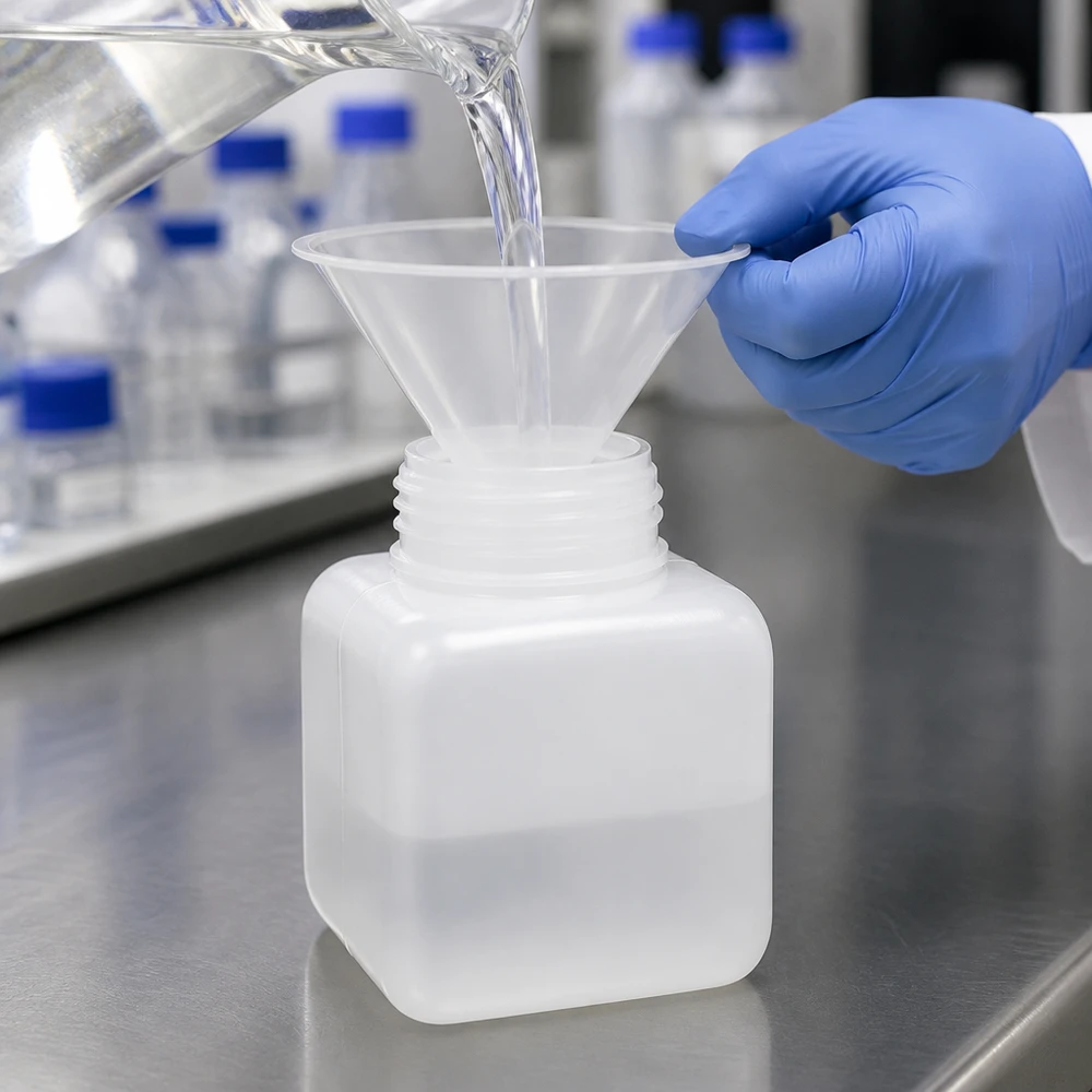 Vullen van een voedselveilige PE-HD-fles voor chemicaliën van 250 ml met vloeistof in een laboratoriumomgeving