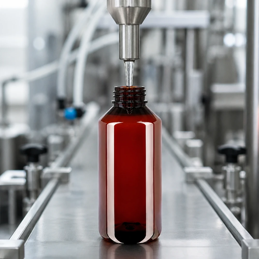 PET Flasche 1000ml mit weissem Standard OV Farmaceutisch geschikte PET-fles van 1000 ml, bruin, met OV op een roestvrijstalen transportband onder de afvulkop