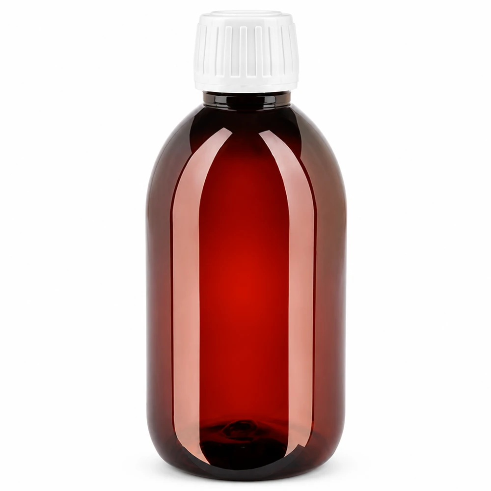 PET fles 250ml met witte standaard verzegelstop Medische bruine glazen fles van PET, 250 ml, met geribbelde witte veiligheidsdop