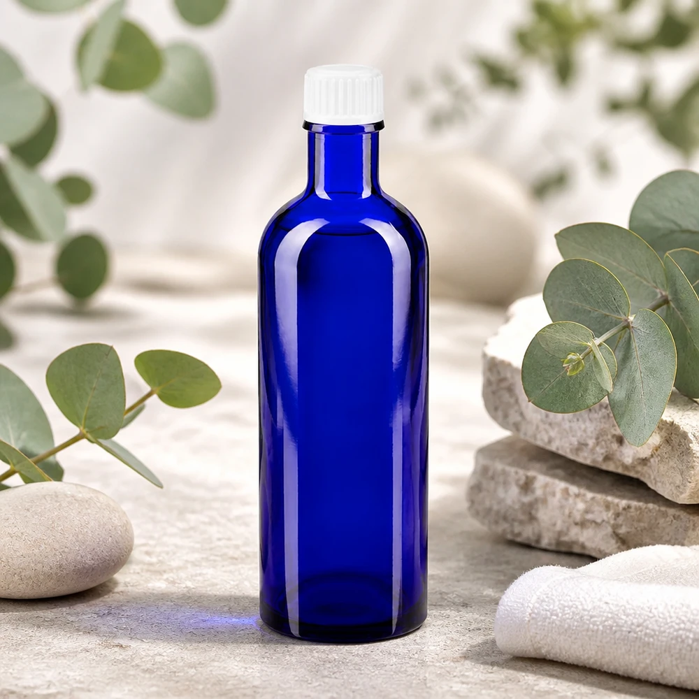 Rechthoekige blauwe apothekersfles van 200 ml met witte schroefdop voor cosmetica en farmacie