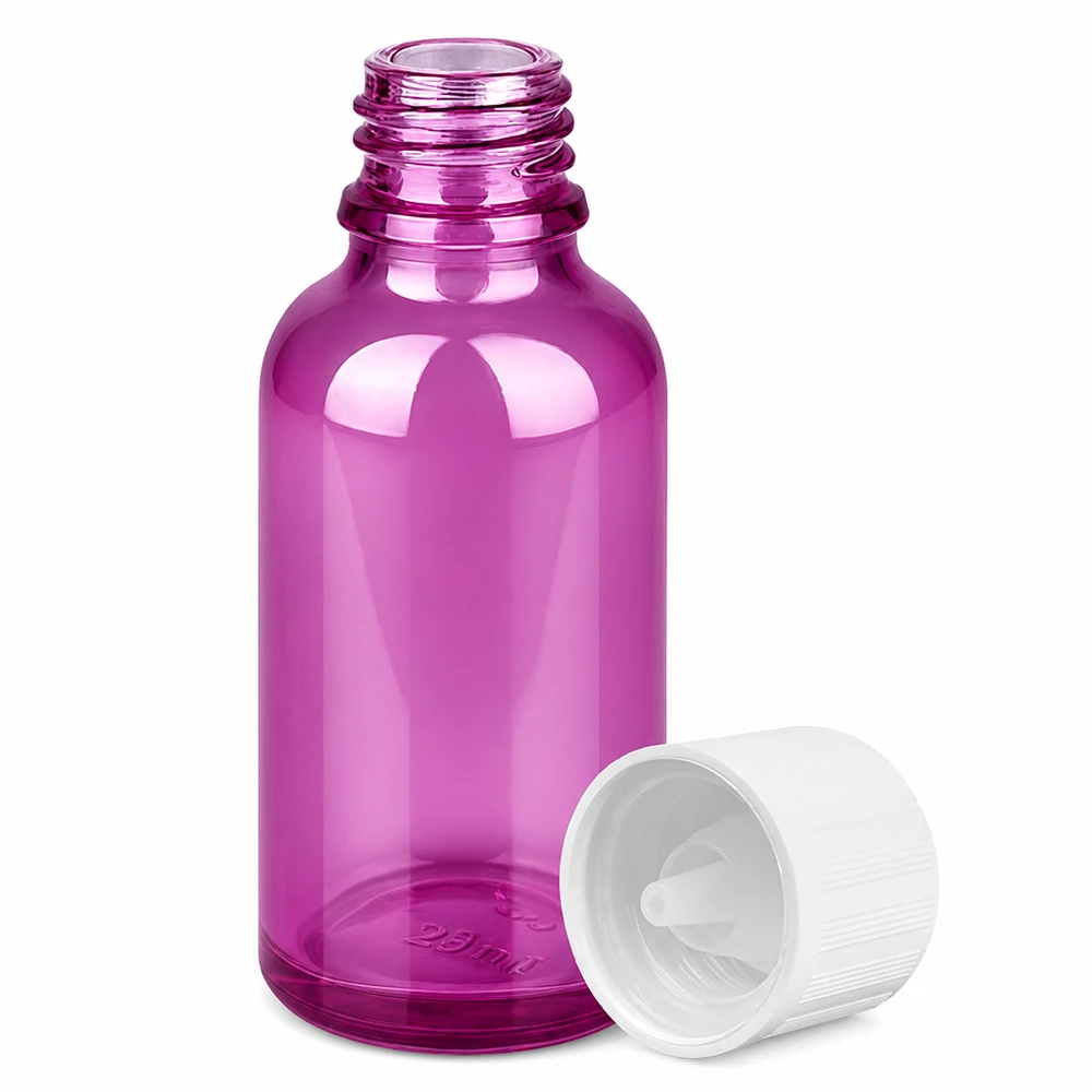30ml druppelfles 1,2mm wit standaard kindveilig PurpleLine.UT18/30 Compact violet glazen flesje met druppelaar, ideaal voor op reis en mobiel gebruik