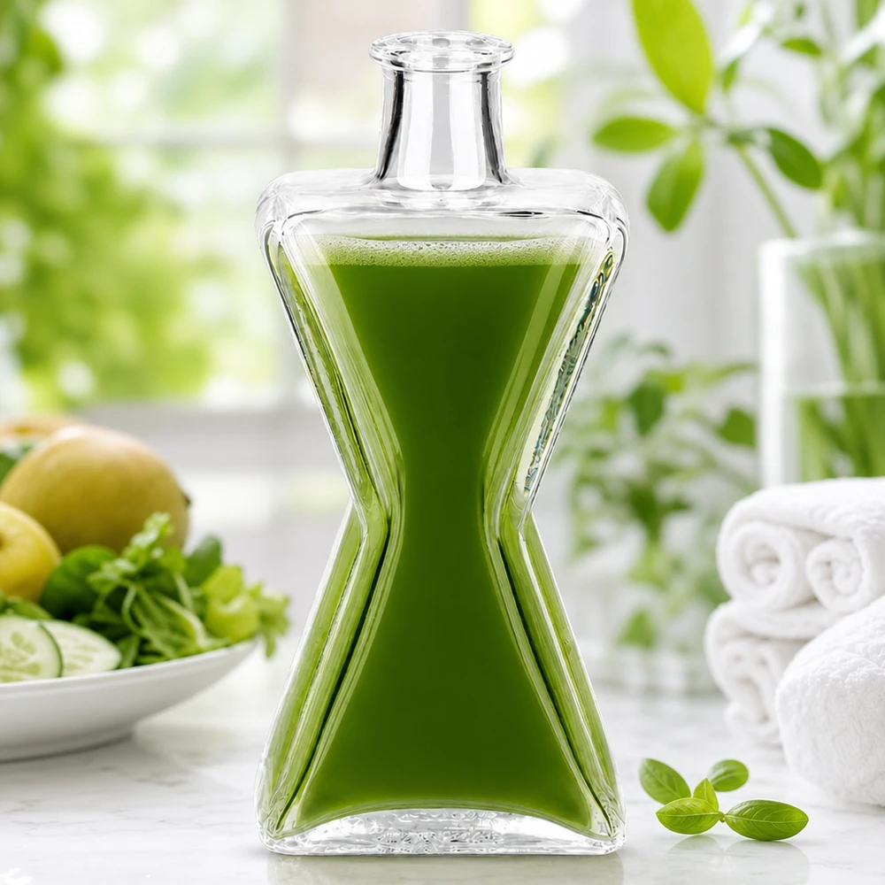 Elegante glazen Star-fles gevuld met groene smoothie naast verse kruiden en citroenen in een lichte keuken