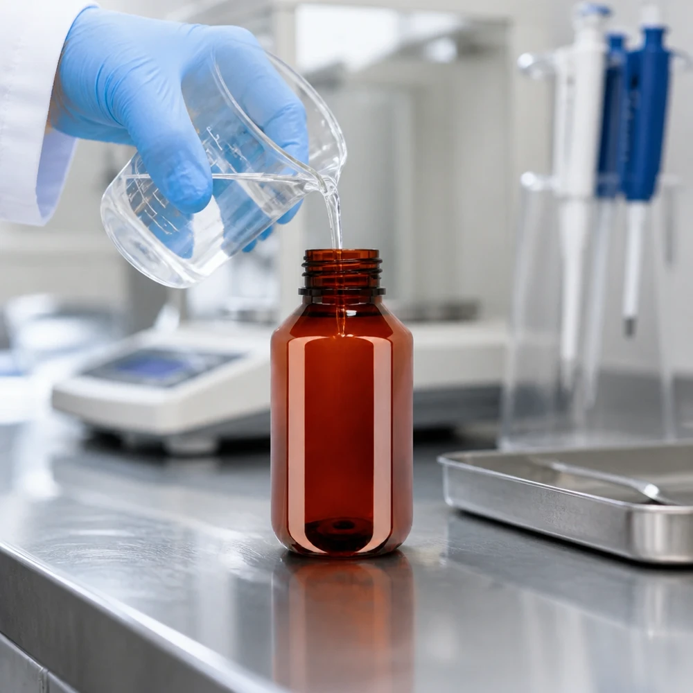 PET-fles 100ml met witte flip-top dop. Een bruine plastic fles van 100 ml met schroefdop wordt gevuld met een heldere vloeistof
