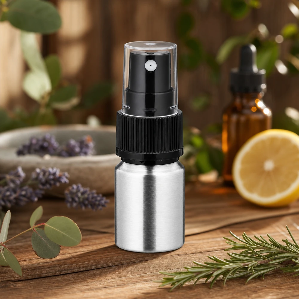 Elegant aluminium flesje van 10 ml met verstuivingsmechanisme - satijnen afwerking voor hoogwaardige cosmetische producten