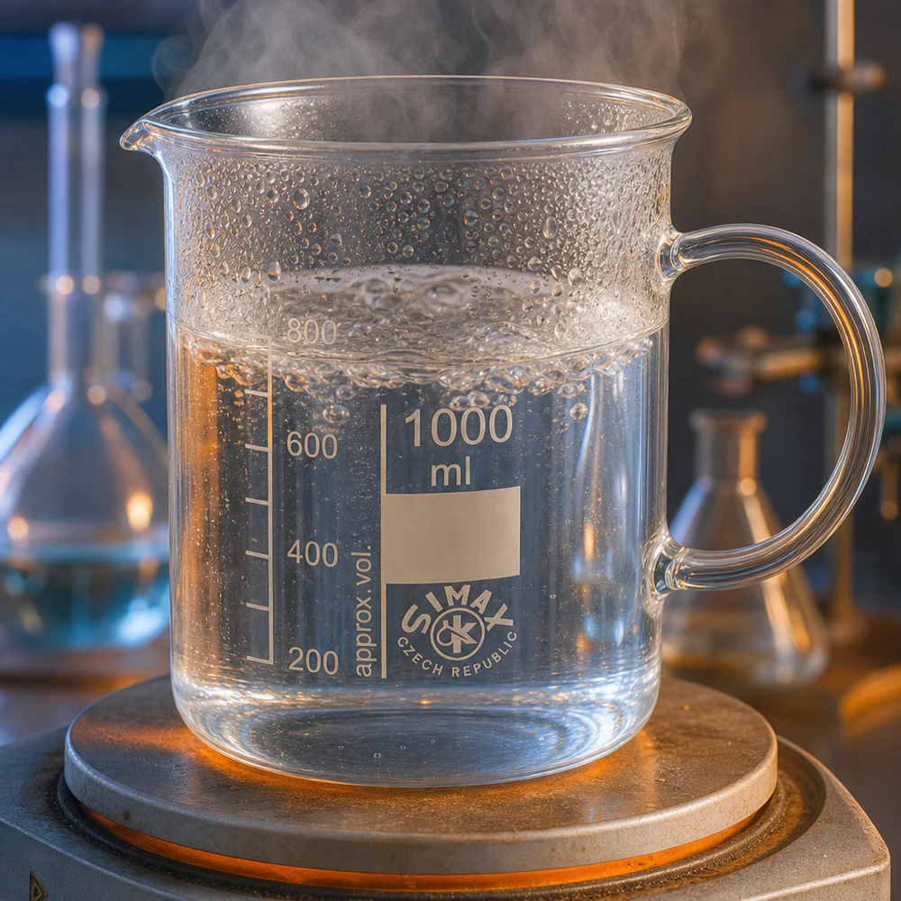 Maatbeker van borosilicaatglas van 1000 ml met handvat, verwarmd op een elektrische kookplaat