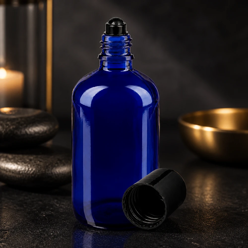 Glas deostick fles blauw 100ml, lege deo roller (Roll On) Blauwe rollerfles van 100 ml, gemaakt van hoogwaardig apothekersglas, met een zwarte rollerbal