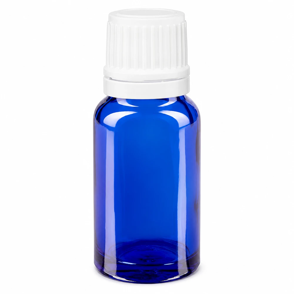 Blauwe UV-beschermende druppelfles van 10 ml met witte doseerdop, vervaardigd uit apothekersglas
