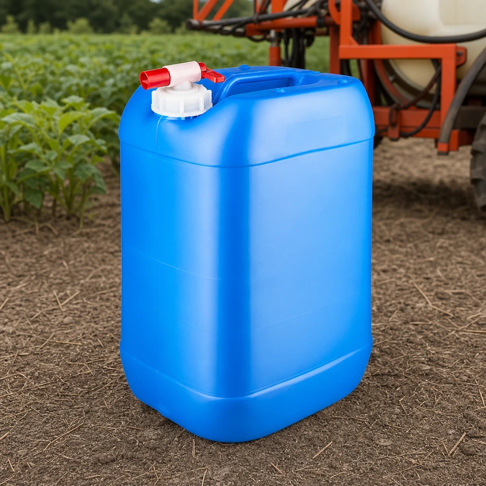 Canister 25 liter blauw met aftapkraan Blauwe jerrycan van 25 liter met een handgreep aan de zijkant en een rode afsluitkraan voor gewasbeschermingsmiddelen