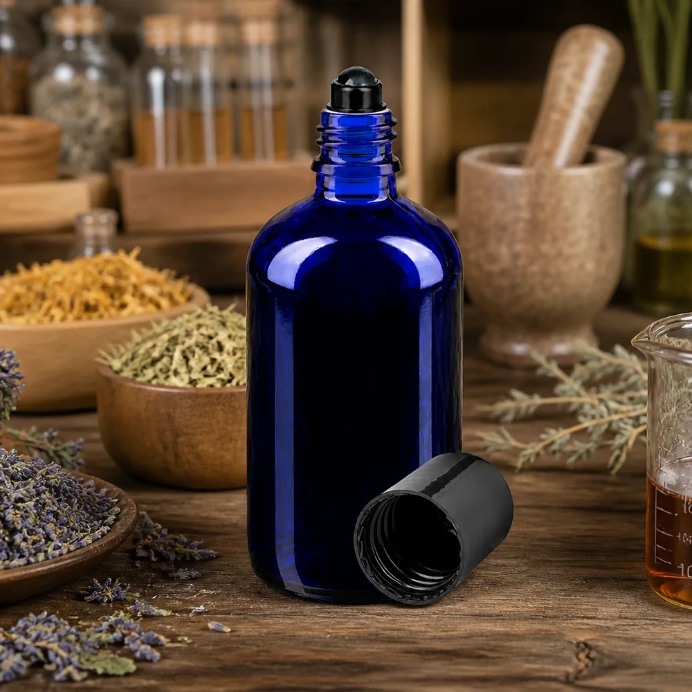 Glas deostick fles blauw 100ml, lege deo roller (Roll On) Blauwe glazen roll-onflesje 100 ml STD met zwarte roll-onbal in een kruidige omgeving met specerijen
